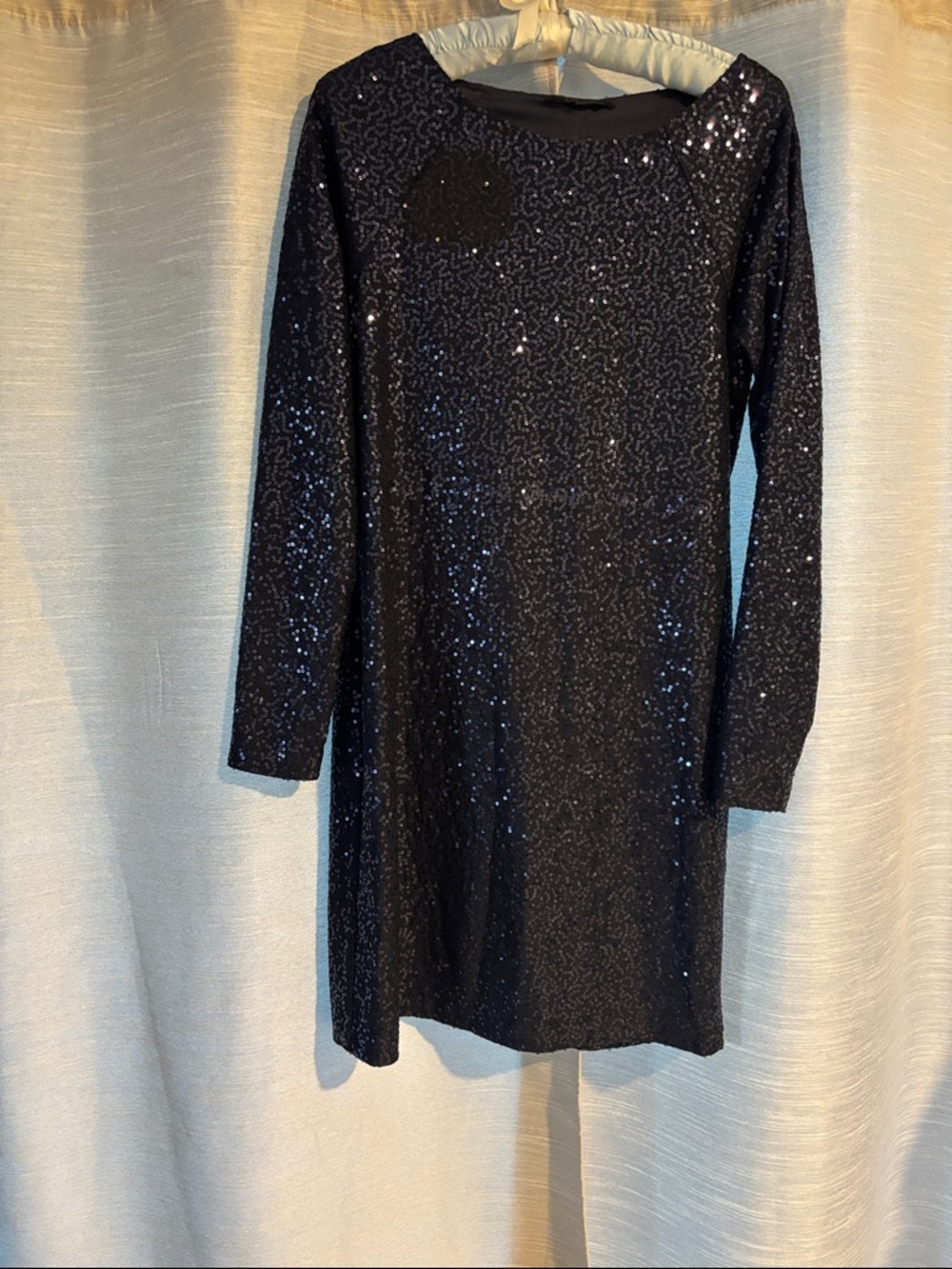 Tibi Navy Sequin Long-Sleeve Shift Dress
